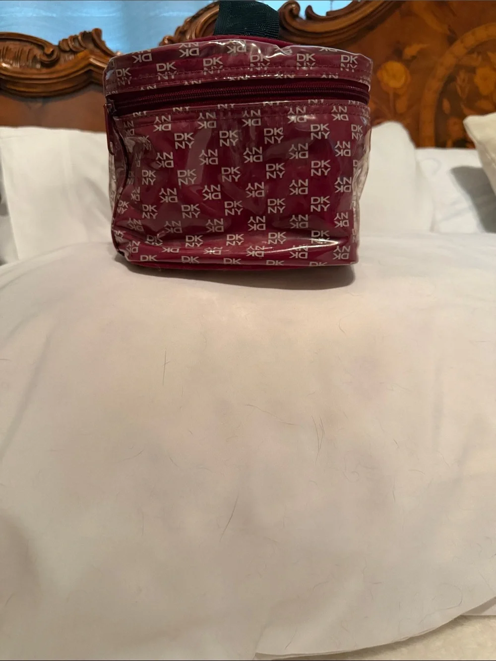 DKNY Burgundy Logo Vinyl Cosmetic Carry Case with Handle